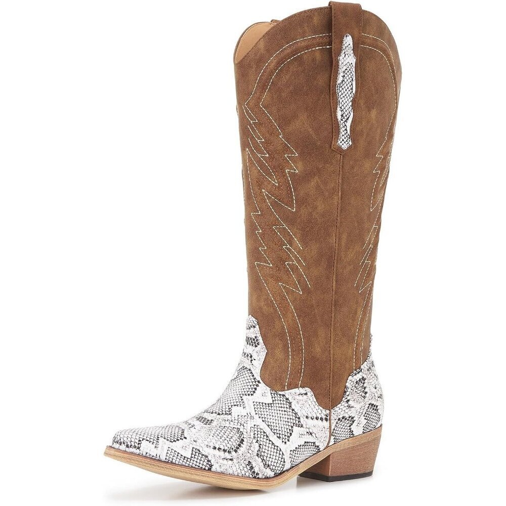 Women's Brown Knee High Western Snakeskin Embossed Leather Two Tone Cowgirl Boot